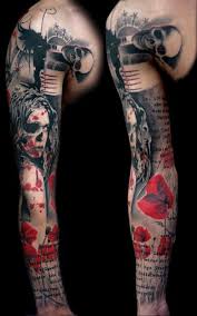 Black And Red Arm Sleeve Tattoos Full Sleeve Black Gray Red Tattoo Trash Polka Trash Polka Tattoo Sleeve Tattoos