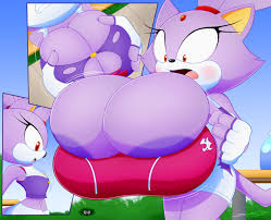 slickehedge, blaze the cat, sonic (series), 1girl, blush, breast expansion,  breast growth, breasts, expansion, female focus, furry, furry female,  gigantic breasts, growth, huge breasts, large areolae, large breasts,  multiple views, torn clothes -