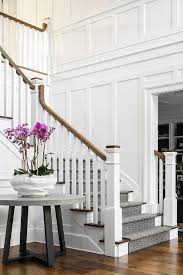 They were already primed white and the perfect blank canvas for us to flex our creativity. Black Herringbone Pattern Stair Runner Transitional Entrance Foyer