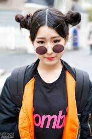 Side Pinned Bangs Double Buns Japan Fashion Street Girls In Mini Skirts Short Hair Bun