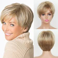 Amazon.com : DEYNGS Short Straight Bob Brown Layered Wig Pixie Cut Wig with  Side Part Bangs for White Women,Synthetic Short Bob Highlight Golden Blonde  WIG Natural Pixie Cut Wigs for Daily Party (