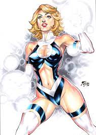 fred benes, sue storm, fantastic four, marvel, highres, 1girl, blonde hair,  blue eyes, blue leotard, boots, breasts, clothing cutout, curvy, dated,  elbow gloves, female focus, fighting stance, gloves, highleg, highleg  leotard, large