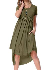 Women S Scoop Neck Pockets High Low Pleated Loose Swing Casual Midi Dress High Low Hem Loose Swing M Green Short Sleeve Dress Midi Dress Casual Casual Dresses