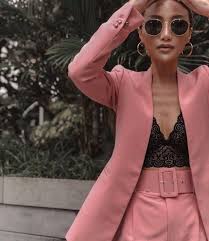 Black And Pink Suit Women Dusty Pink Suit With Black Lace Camisole Fashion Style Cocktail Outfit