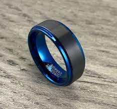 8mm Brushed Black And Blue Tungsten Wedding Band Comfort Fit Nefestreasures Blue Tungsten Wedding Bands Tungsten Wedding Bands Mens Wedding Rings Titanium