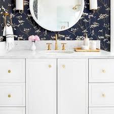 Luxe interiors + designs has a huge library of the latest trends in luxurious home designs from across the united states. Powder Room Gold And Navy Blue Botanical Wallpaper Design Ideas