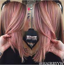 Rose Gold Highlights On Blonde Hair With A Lob Haircut Blonde Hair With Highlights Hair Styles Gold Blonde Hair