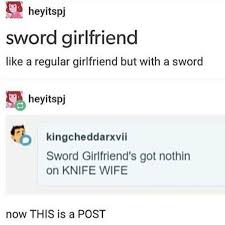 I Ve Traded Sword Girlfriend For A Soon To Be Knife Wife Tumblr Funny Memes Funny Quotes