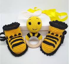 They speak volumes about the time and thought put into the gift and often become heirlooms handed down through the generations. Happy Bee Day New Mom Gift Basket Crochet Baby Rattle Knitted Baby Booties First Birthday Gift
