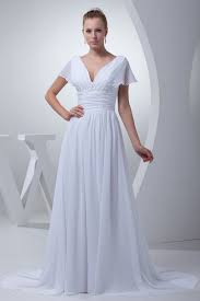 Modest A Line V Neck Cap Sleeve Beaded Appliques Pleated White Chiffon Beach Destination Wedding Dress Court Train Wedding Dress Wedding Dress Chiffon Formal Dresses Prom