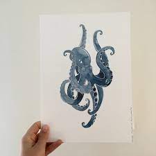 Impression Jet D Encre Pieuvre Bleue Poulpe Bleu Illustration Marine Decoration Murale Cadeau Orig Peinture De Poulpe Pieuvre Dessin Illustration De Poulpe