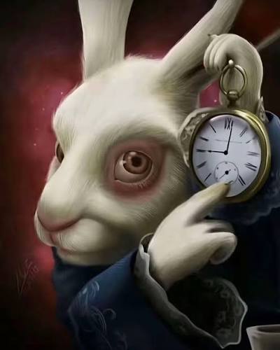 Son zamanlarda sık sık gördüğünüz bu görsel aslında Lewis Carroll'ın ünlü  eseri Alice's Adventures in Wonderland'ndan “Beyaz Tavşan”dır. Bu karakter,  Alice'in macerasının başlamasına neden olan figürdür. Alice, yelek giymiş  ve sürekli “Geç