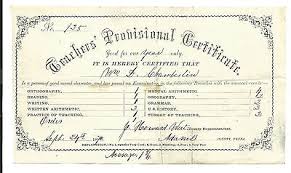 1870 Teachers Provisional Certificate William Chamberlin Adams County PA