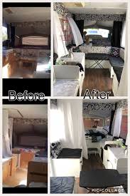 i m so happy at how our 1998 dutchman pop up turned out we painted the cabinets redid the curtains and reuphol pop up camper camper beds popup camper remodel