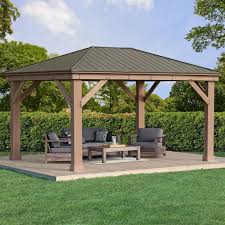 The durable architectural structure is constructed from a high quality reinforced aluminium frame in a dark grey powder coat finish, which is complemented by virtually unbreakable bronze coloured 6mm twinwall polycarbonate roof panels. Yardistry 12 X 16 Cedar Gazebo With Aluminum Roof Costco