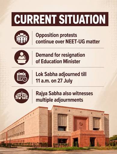 Parliament proceedings remained affected for the fifth consecutive day  today as Opposition parties continued their protest over the NEET-UG issue,  leading to repeated adjournments in both the Lok Sabha and Rajya Sabha.