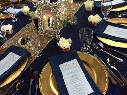 Our collection of charger plates are ideal to dress any table up for special events and parties. Gold Beaded Charger Plates With Navy Napkins Chair Covers Wedding Reception Gold Table Setting Rose Gold Charger Plates