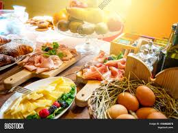Coffee, milk, tea, juice, cookies white and brown breakfast dishware. Table Setting Image Photo Free Trial Bigstock