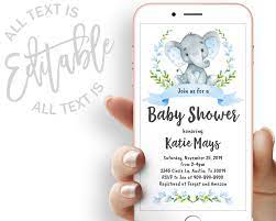 Blue Elephant Baby Shower Evite Floral Baby Shower Electronic Invitation Template Boy Elep Baby Shower Invitation Cards Floral Baby Shower Elephant Baby Shower