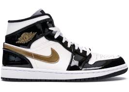 Air Jordan 1 Mid Patent Black White Gold Jordan 1 Mid Patent Black White Gold In 2020 Black And Gold Shoes Air Jordans Retro Air Jordans