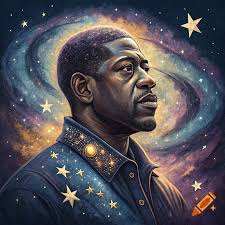 Portrait of George Floyd, staring at the stars surrounded by black egg  shaped planets