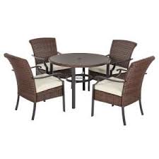 Hampton Bay Harper Creek Dark Brown 5 Piece Wicker Outdoor Bar Height Dining Set With Chili Cushions 525 Outdoor Dining Chairs Furniture Outdoor Furniture Sets