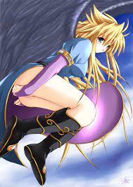 nina (breath of fire ii), breath of fire, breath of fire ii, 1girl, angel  wings, ass, black wings, blonde hair, blue eyes, blush, boots, breasts,  dress, fingernails, flying, knee boots, legs, long