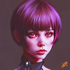 Cyber biorobot girl with violet short hair and red eyes in ilya kuvshinov  style