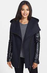 Mackage Odelia Leather Sleeve Hooded Wool Blend Coat Nordstrom Coats For Women Leather Sleeve Clothing For Tall Women