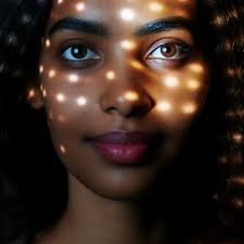 Studio photo with light grey backdrop and natural makeup