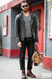 Aaron marino of alpha m. Men S Black Leather Biker Jacket Grey V Neck T Shirt Black Chinos Brown Leather Casual Boots Lookastic
