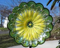 Glass Garden Flower Vintage Quality Glass Flower Yard Art Plate Flower Flower Stakes Upcycled Repurposed Flower Plates Glass Garden Flowers Glass Garden