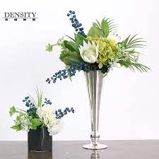 密度家居现代轻奢婚庆蓝色绢布花艺家居客厅仿真花摆件餐桌饰品 glass vase flowers vase