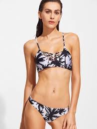 Black And White Bathing Suit Bikini Set Black And White Two Piece Bathing Suit With Palm Tree Print Bikinis Criss Cross Bikini Set Bikini Set