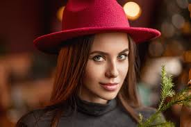 Download Bokeh Hat Blue Eyes Redhead Face Woman Model HD Wallpaper