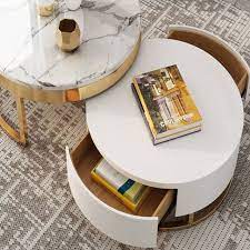 Part of the gold coast faux marble collection by convenience concepts faux marble top Modern Round Coffee Table With Storage White Stone Nesting Coffee Table With Rotatable Drawers In 2021 Nesting Coffee Tables Coffee Table Round Coffee Table