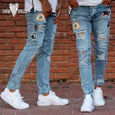 Erkek Kot Pantolon Mavi Dizleri Yirtik Armali Jeans Erkek Kot Pantolon Kotlar Pantolon