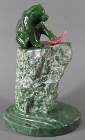 Lyle sopel jade and gemstone sculpture: Sopel Lyle Bear With Fish Mutualart