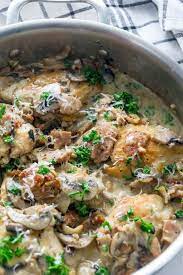 Keto Chicken Skillet With Creamy Mushroom Bacon Sauce Recipe Keto Recipes Dinner Creamy Mushroom Chicken Bacon Sauce