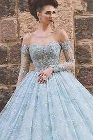 Beautiful Blue Lace Tulle Ball Gown Wedding Dress Sheer Prom Dress Gowns Ball Gowns Wedding