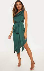 Emerald Green Satin One Shoulder Tie Waist Asymmetric Hem Midi Dress Emerald Green Cocktail Dress Dresses Green Cocktail Dress