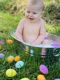 Make sure it's on a level surface. Babies First Easter Baby Easter Pictures Baby Milk Bath Easter Photoshoot Baby