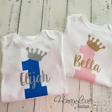 Twin Birthday Shirts For Adults Personalized First Birthday Prince Princess Bodysuit Boy Girl Twins Boy Girl Twin Outfits Twin Birthday Parties Boy Birthday