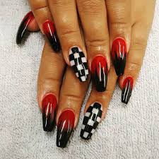 Summer Acrylic Red And Black Nail Designs Coffinnails Ombre Red Black Flames Checkered Okc Okcnails Nailart Nailpro Hairodyssey76 Fantas Acrylic Nails Coffin Short Checkered Nails Red Nails