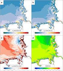Maximum flood current velocity v f_max (a), maximum ebb current...