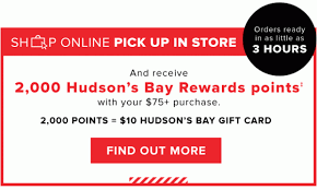 Buy a $50 gift card, get a $10 bonus card and 20% off vip card. Hudson S Bay Canada Rewards Shop Online Pick Up In Store Get 2 000 Hbc Rewards Points W 75 Purchase