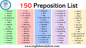 150 Preposition List English Prepositions List English Study Here Prepositional Phrases English Prepositions English Study