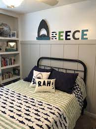 Reece S Big Boy Bedroom Toddler Room Shark Builtins Wrought Iron Bed Bed Make Over Big Boy Bedrooms Surf Room Boy Toddler Bedroom