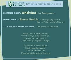 Using our free service you will be able to translate your text in two ways through 51 languages like afrikaans, albanian, arabic, belarusian, bulgarian, catalan, chinese (simplified), chinese (traditional), croatian, czech, danish. Howardtilton Library On Twitter Thanks For Celebrating Nationalpoetrymonth With Us To Conclude Bruce Smith Shared A Malay Pantun A Short Oral Form Of Love Poetry He Says Even In A Rough English