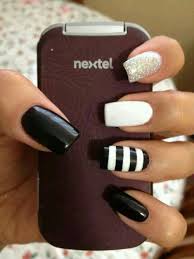 Black And Glitter Nails Black And White Nail Art Glitter Nail Nail Art Striped Nails Striped Nails Trendy Nails Nails